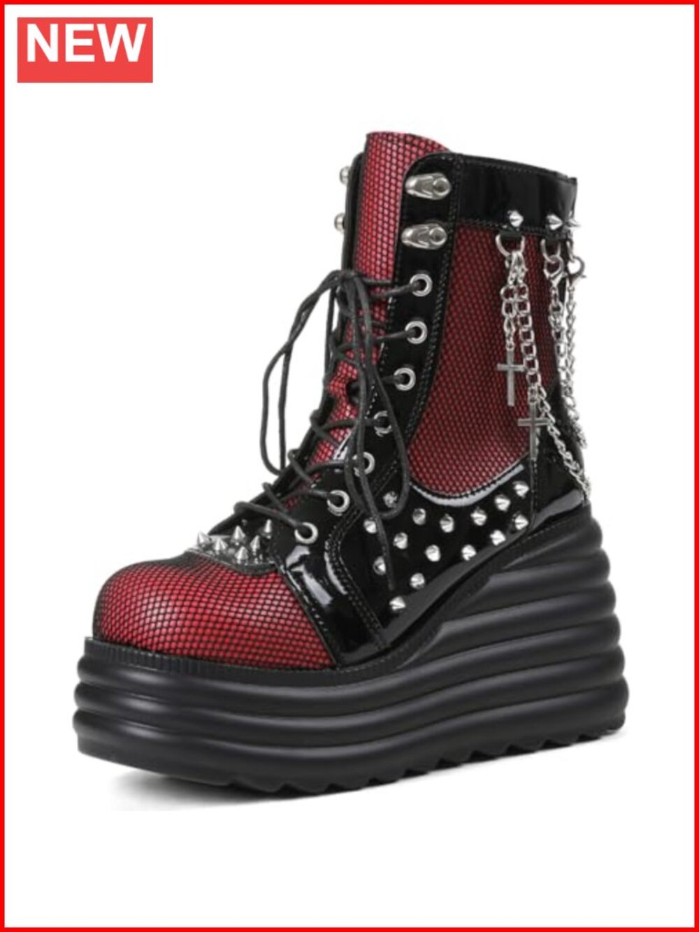 Gothic Platform Combat Boots with Mesh, Lace Up, Removable Chain & Stud
